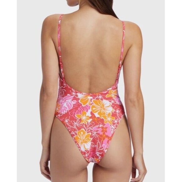 Roxy Juniors Sz S Swimsuit Sea Spray Hibiscus Printed One Piece Pink Red NWT New - Picture 2 of 6
